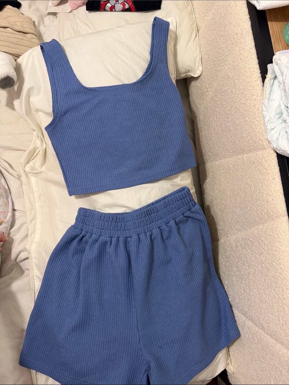 SHEIN Blue Ribbed Tank Crop Top & Shorts Set